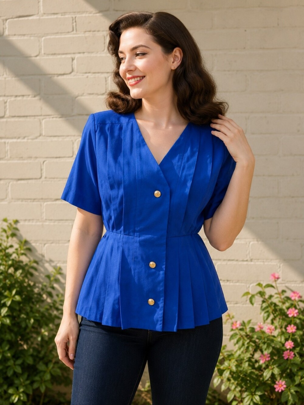 Gillian Vintage 80's Women’s Linen Blend Blue, Short Sleeve Top Sz 10. #C